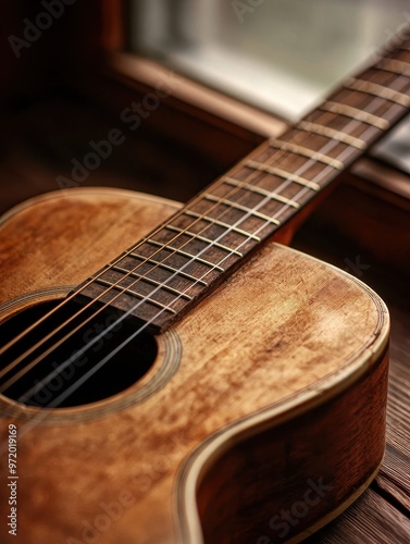 Close-up of a beautiful wooden guitar resting by a window, showcasing its intricate details and warm tones, perfect for music lovers.