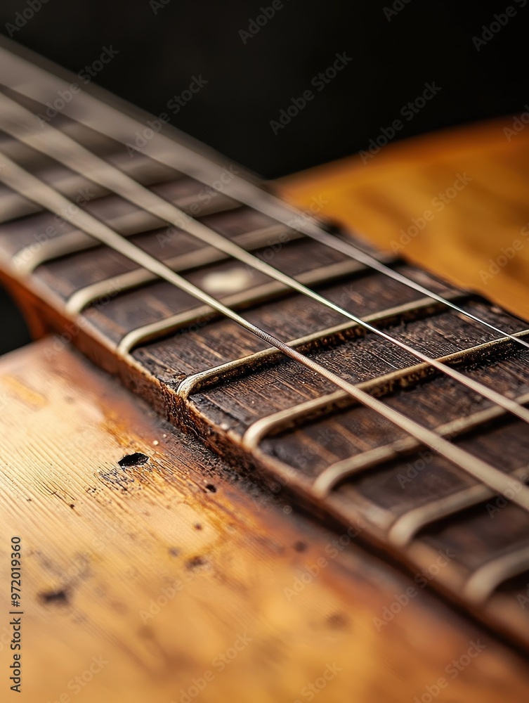 Fototapeta premium Close-up of a vintage guitar fretboard showcasing intricate details and craftsmanship, perfect for music enthusiasts.