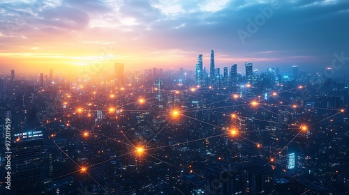 Wallpaper Mural A sprawling smart city seen from above, where glowing digital communication lines crisscross the landscape, connecting advanced transportation systems, skyscrapers, and residential zones. Torontodigital.ca