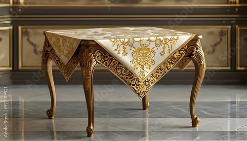 Luxurious dining setting featuring an ornate table adorned with a gold patterned tablecloth photo