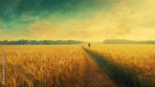 Wheat field ready for harvest, morning sunlight, gardener in the distance preparing to harvest, vintage style. 