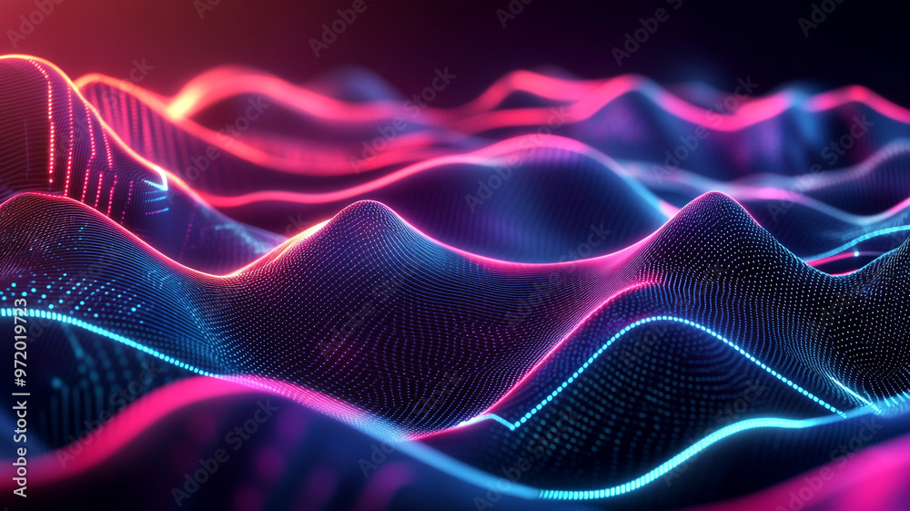 Colorful abstract illustration of flowing waves with glowing patterns in a dark digital space Colorful abstract illustration of flowing waves with glowing patterns in a dark digital space