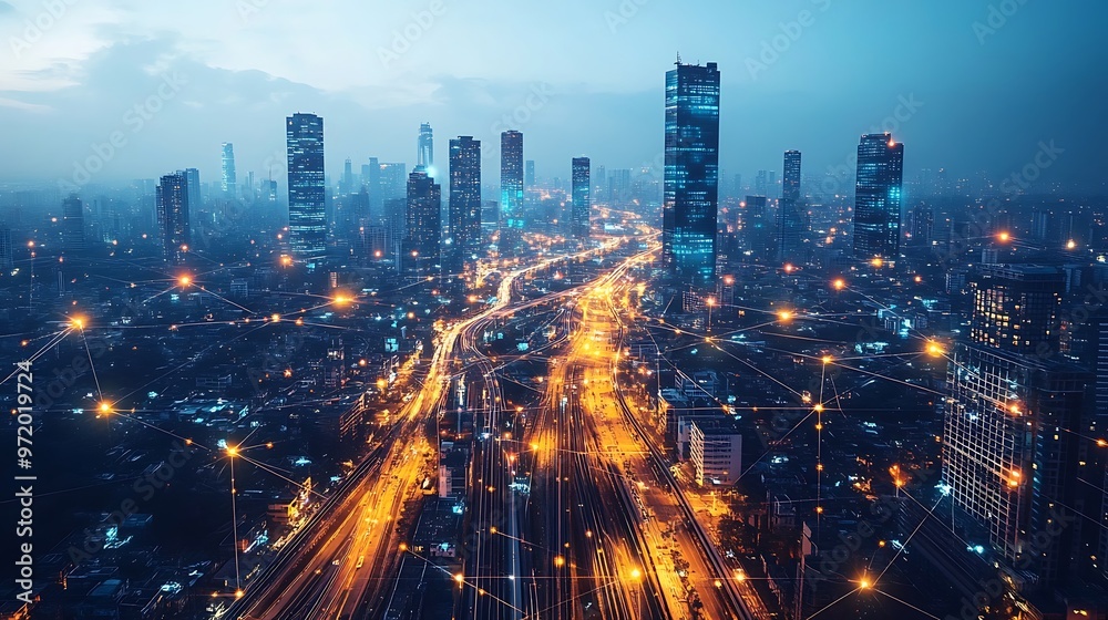 Fototapeta premium A sprawling smart city seen from above, with glowing communication networks connecting roads, high-speed trains, and skyscrapers. The city is alive with digital energy,