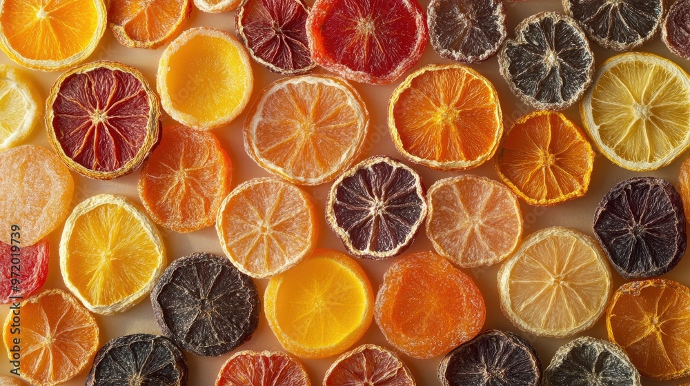 A variety of dried fruit slices arranged in a pattern, top view, with open space for text. A variety of dried fruit slices arranged in a pattern, top view, with open space for text.