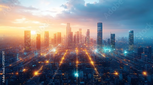 A sprawling urban landscape at dusk, where illuminated data lines crisscross between buildings and public spaces, symbolizing hyper-connectivity in a futuristic city.