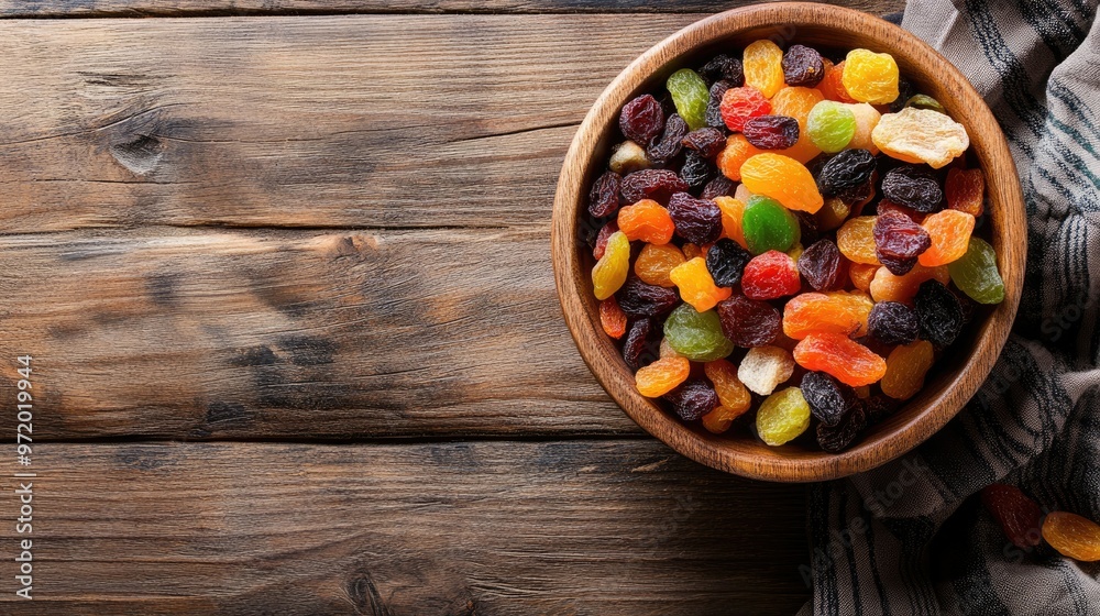 A wooden bowl filled with mixed dried fruits on a rustic table, top view, copy space