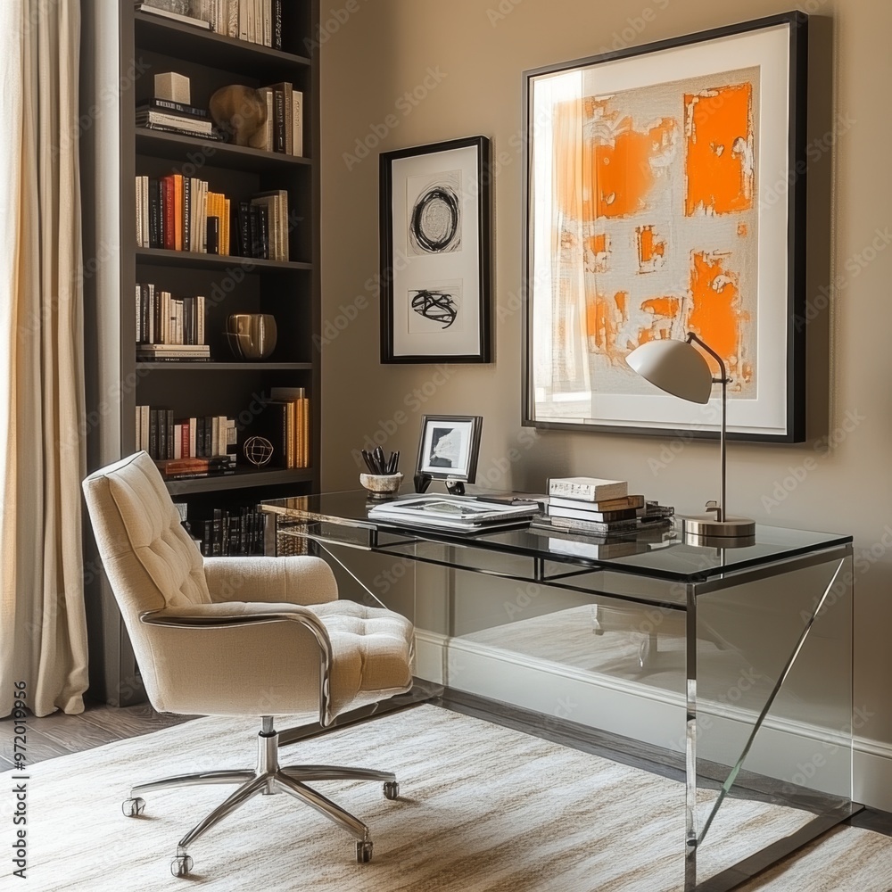 Fototapeta premium Modern Home Office Interior with Glass Desk Bookshelf and Abstract Art