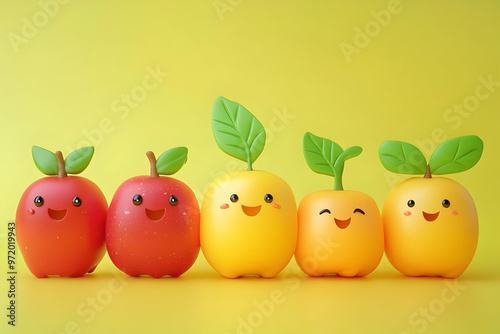 Cute Cartoon Fruit Characters Smiling on Yellow Background