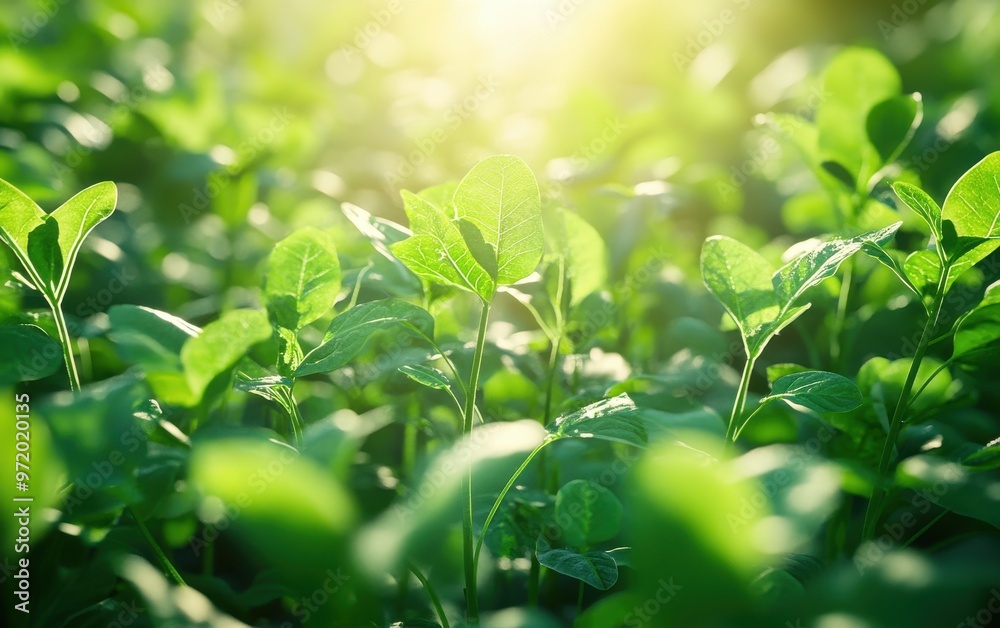 Obraz premium Close-up of lush green plant leaves basking in sunlight, showcasing the beauty and vitality of nature in bright, natural lighting.