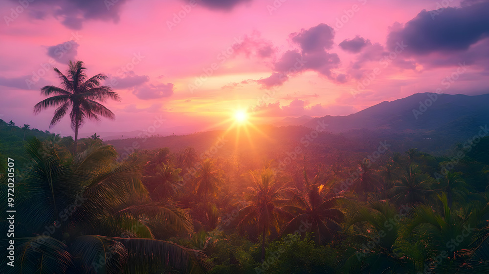 Tropical Sunset with Palm Trees and Mountains Tropical Sunset with Palm Trees and Mountains
