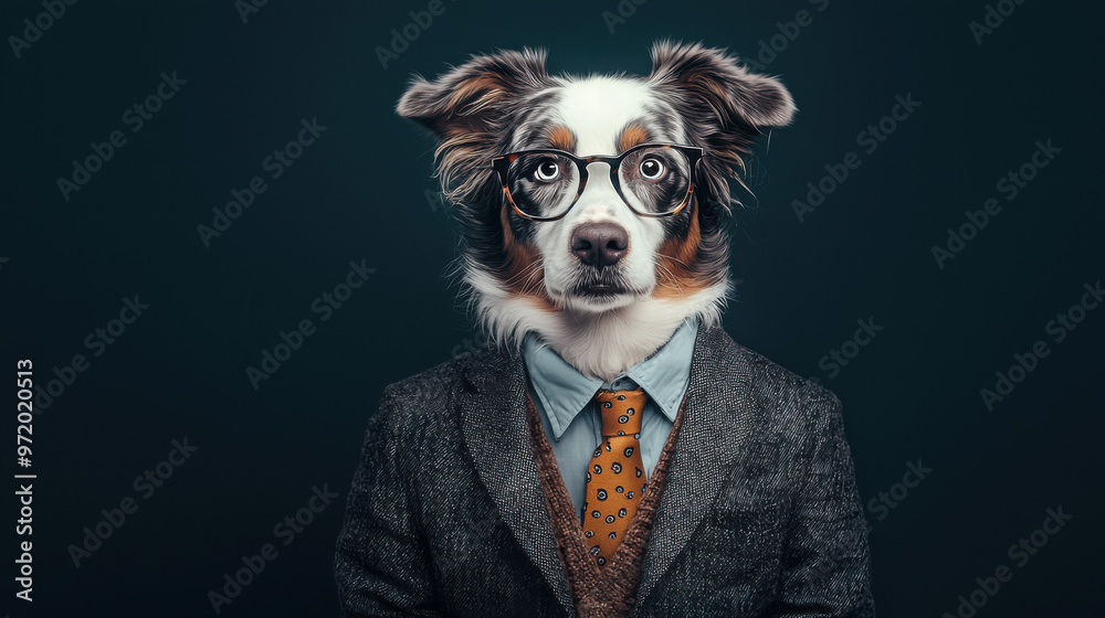 Australian Shepherd Dog in Suit and Glasses Australian Shepherd Dog in Suit and Glasses