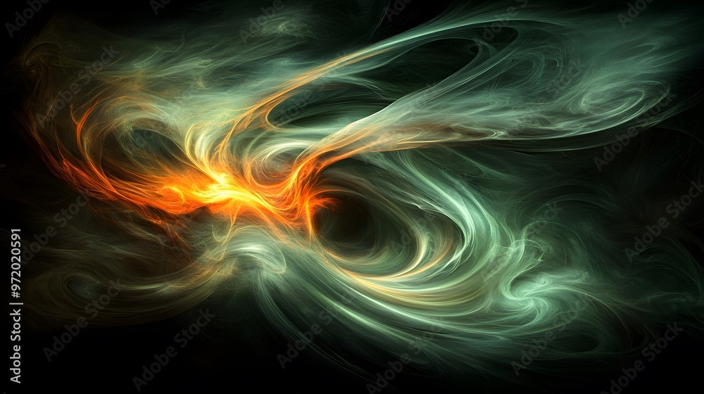 Fototapeta premium Abstract Green and Orange Swirling Smoke Background