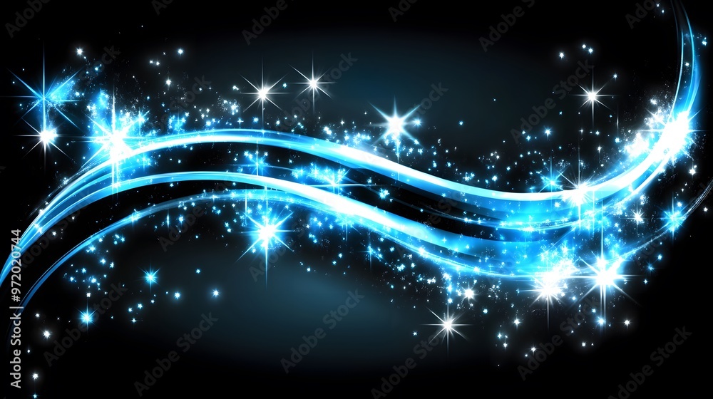 Fototapeta premium Abstract Blue and White Glowing Lines and Stars on Black Background