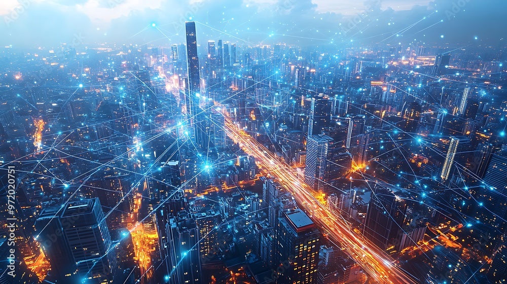 Fototapeta premium A top-down view of a modern city at night, with bright data lines glowing in neon colors, connecting skyscrapers and roads in a web of digital networks. The city pulses with technological energy,