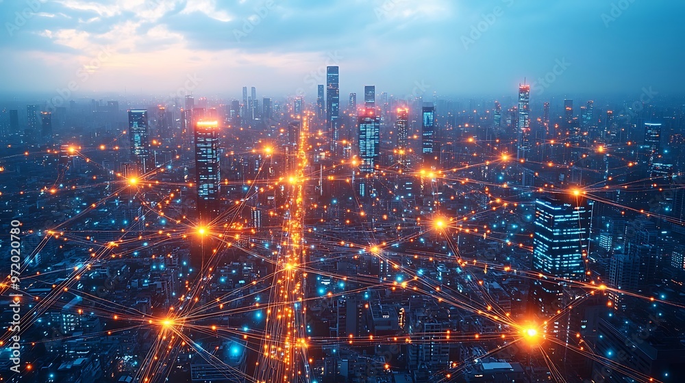 custom made wallpaper toronto digitalA top-down view of a smart city powered by AI, with glowing neon circuits connecting every structure and transportation system. The digital network pulses with vibrant energy,