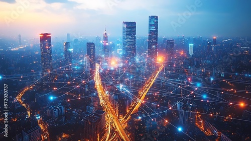 A top-down view of a modern city at night, with bright data lines glowing in neon colors, connecting skyscrapers and roads in a web of digital networks. The city pulses with technological energy, photo