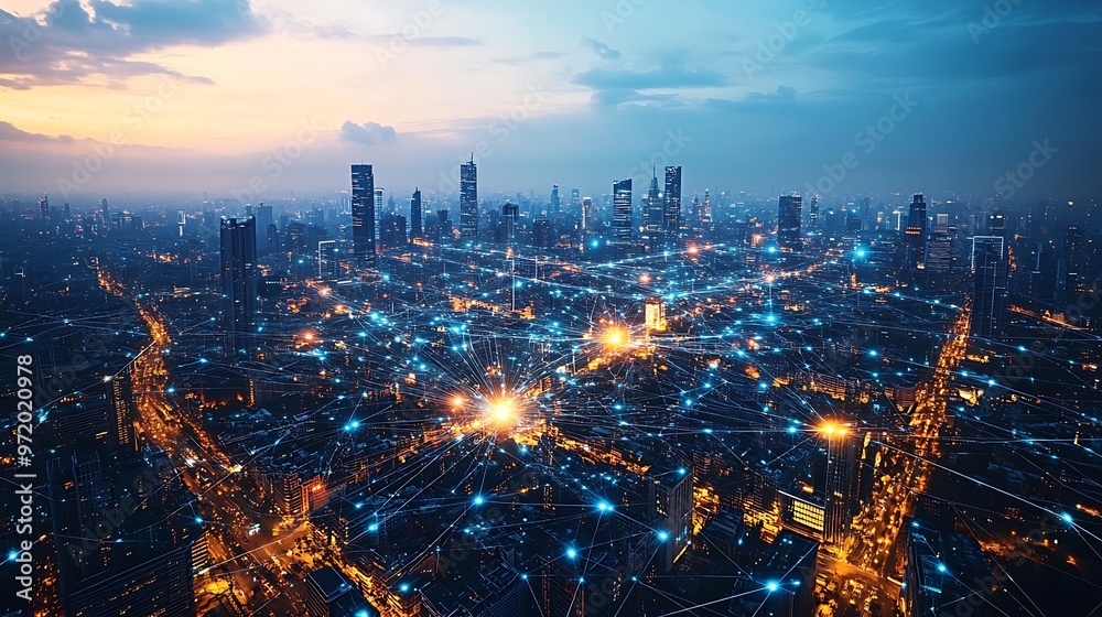 Obraz premium A vibrant aerial view of a futuristic smart city, with glowing digital networks connecting buildings, streets, and transportation hubs.