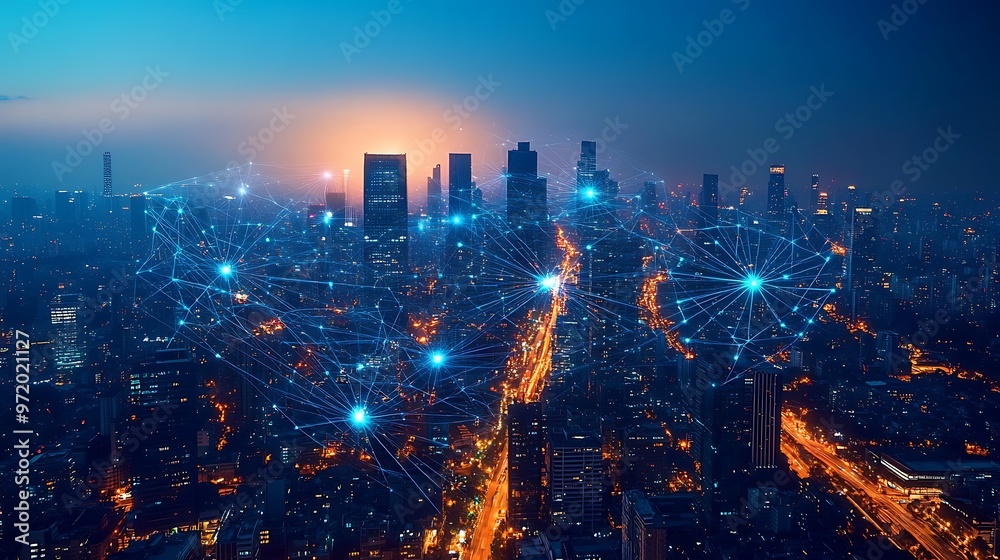 Fototapeta premium A vibrant aerial view of a high-tech city glowing under the night sky, where communication lines and data streams are visible connecting skyscrapers and roads. The city pulses with neon colors,