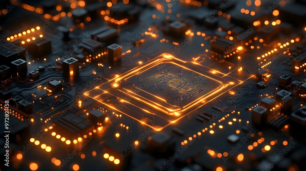 Detailed circuit board with glowing copper elements, futuristic design, flowing energy patterns, illuminated against a shadowy backdrop with a cyberpunk vibe Detailed circuit board with glowing copper elements, futuristic design, flowing energy patterns, illuminated against a shadowy backdrop with a cyberpunk vibe