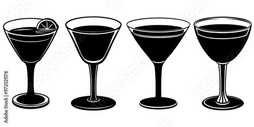 Set of cocktail glass black silhouette vector illustration