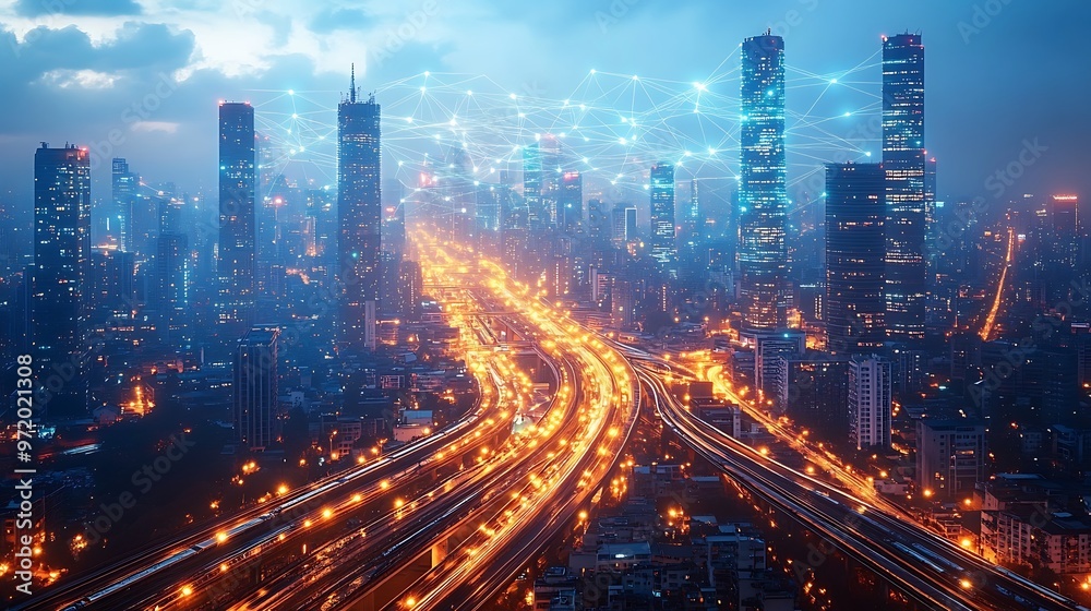 Fototapeta premium A vibrant city at night with illuminated communication networks visibly linking elevated highways, high-speed trains, and towering skyscrapers. The glowing data lines pulse across the skyline,