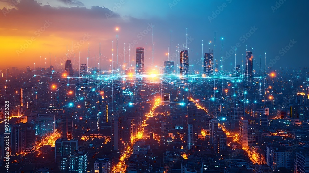 A vibrant city skyline glowing with neon data streams connecting mobile devices, homes, and business centers. The communication lines form a web of digital energy over the cityscape, A vibrant city skyline glowing with neon data streams connecting mobile devices, homes, and business centers. The communication lines form a web of digital energy over the cityscape,