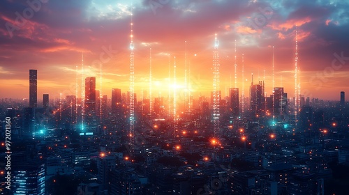 A vibrant skyline at sunset, with glowing data streams connecting sleek wireless towers, satellites, and smart homes across the city.