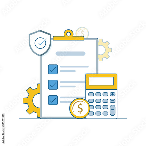 Vector icon for retirement plan calculation. Features a checklist, calculator, and coins, symbolizing financial planning, retirement funds, and savings management.