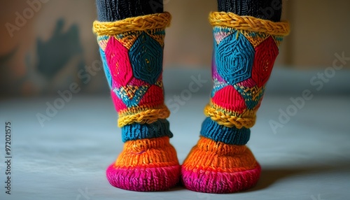 Vibrant geometric-patterned knitted leg warmers adding a splash of color to winter fashion photo