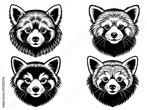 Set of red panda head black silhouette vector illustration