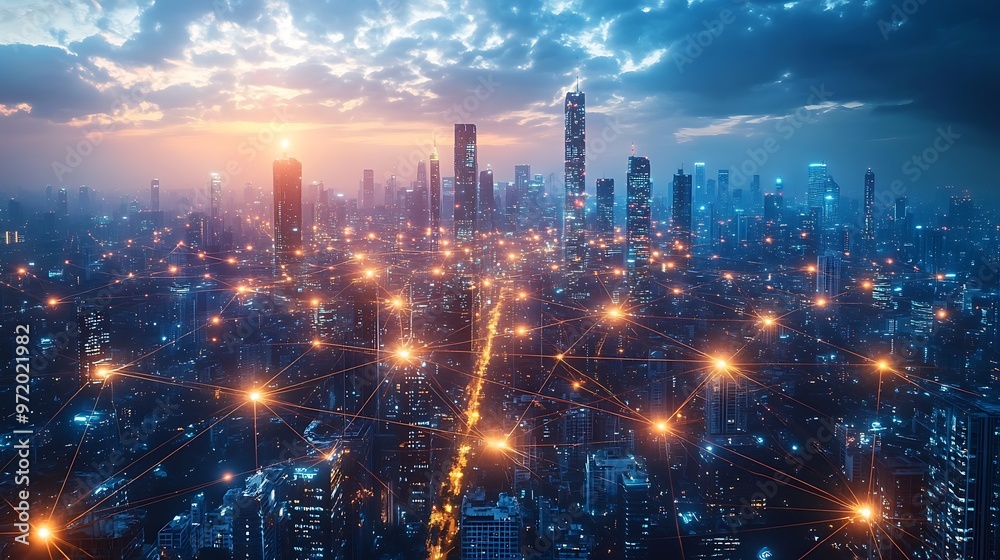 Fototapeta premium Aerial view of a futuristic global connectivity hub, with glowing fiber optic lines linking skyscrapers and connecting continents. The illuminated lines form a web of communication,