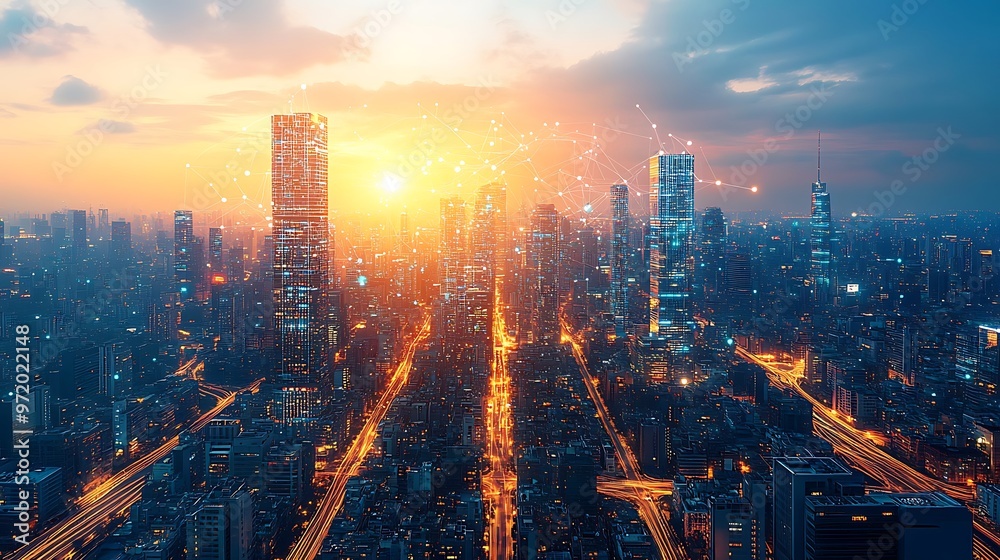 Fototapeta premium Aerial view of a futuristic metropolis at twilight, with illuminated data lines connecting towering glass buildings and sleek roads. The smart city pulses with energy,