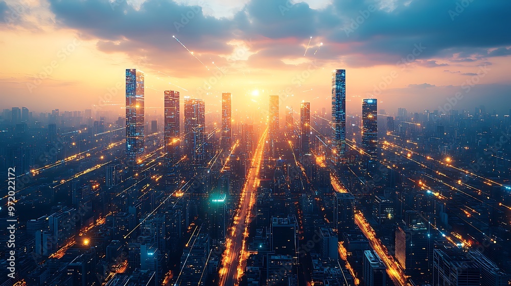 Fototapeta premium Aerial view of a futuristic metropolis at twilight, with illuminated data lines connecting towering glass buildings and sleek roads. The smart city pulses with energy,