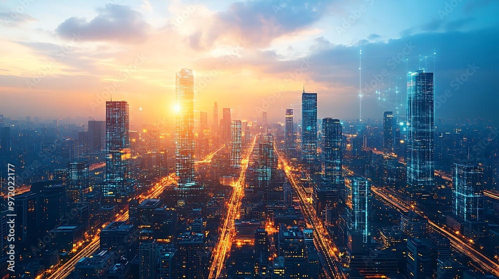 Fototapeta premium Aerial view of a futuristic metropolis at twilight, with illuminated data lines connecting towering glass buildings and sleek roads. The smart city pulses with energy,