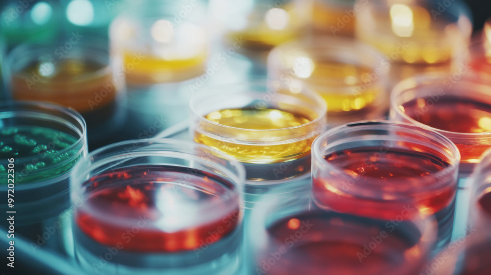 Close up of petri dishes filled with vibrant bioengineered organic materials, showcasing variety of colors and textures. scene evokes sense of scientific exploration and innovation Close up of petri dishes filled with vibrant bioengineered organic materials, showcasing variety of colors and textures. scene evokes sense of scientific exploration and innovation