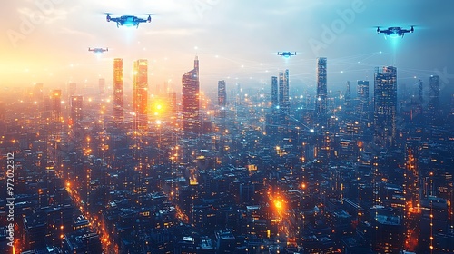 Wallpaper Mural Aerial view of a futuristic tech-driven city with floating drones, holograms projecting data in mid-air, and visible communication lines connecting buildings. Torontodigital.ca