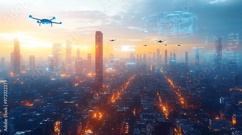 Wallpaper Mural Aerial view of a futuristic tech-driven city with floating drones, holograms projecting data in mid-air, and visible communication lines connecting buildings. Torontodigital.ca
