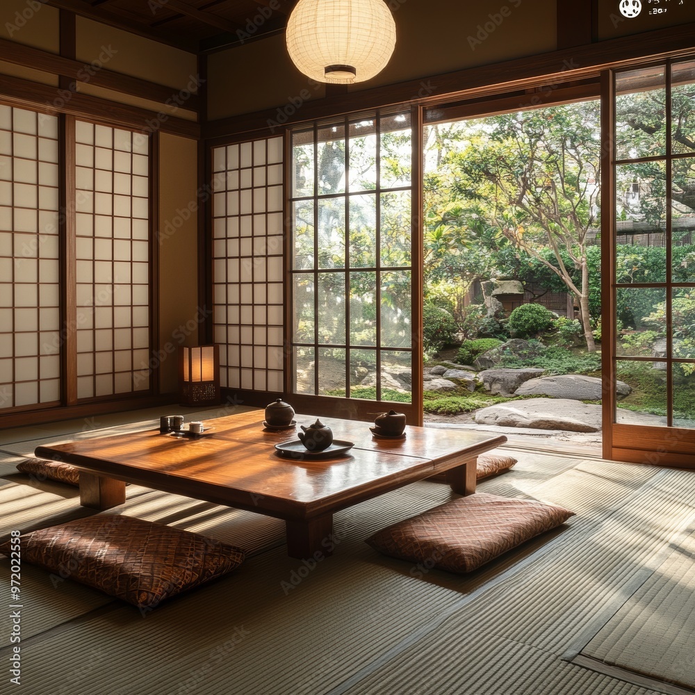 Traditional Japanese Tatami Room with Tea Set and Garden View Traditional Japanese Tatami Room with Tea Set and Garden View