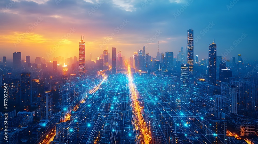 Aerial view of a high-tech city at dusk, with visible neon data streams connecting every building and road, creating a glowing digital network. Aerial view of a high-tech city at dusk, with visible neon data streams connecting every building and road, creating a glowing digital network.