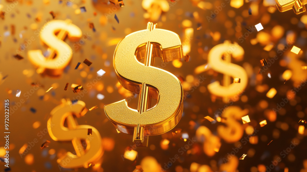 Golden dollar signs float amidst shower of colorful confetti, creating festive atmosphere that celebrates financial success and prosperity