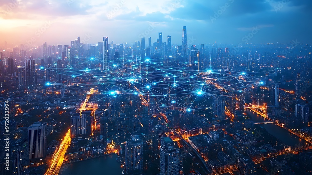 Fototapeta premium Aerial view of a tech-driven city at night, where illuminated data streams link mobile devices, homes, and business hubs. The vibrant neon lines form a complex web of communication across the skyline,