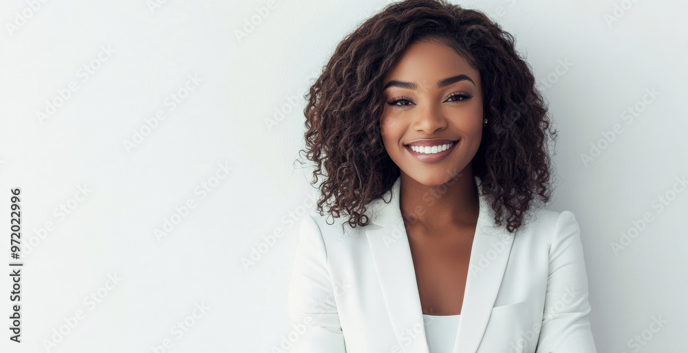 A confident African American businesswoman in a white suit smiles warmly with arms crossed, standing against a neutral background, perfect for corporate or business settings. A confident African American businesswoman in a white suit smiles warmly with arms crossed, standing against a neutral background, perfect for corporate or business settings.