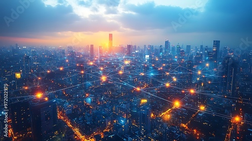 Wallpaper Mural Aerial view of a tech-driven city at night, where illuminated data streams link mobile devices, homes, and business hubs. The vibrant neon lines form a complex web of communication across the skyline, Torontodigital.ca