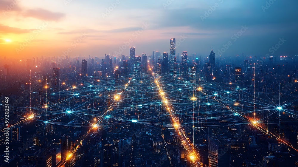Fototapeta premium An aerial view of a futuristic city, with illuminated data lines connecting every building and road, forming a glowing digital web. The cityscape is alive with energy,