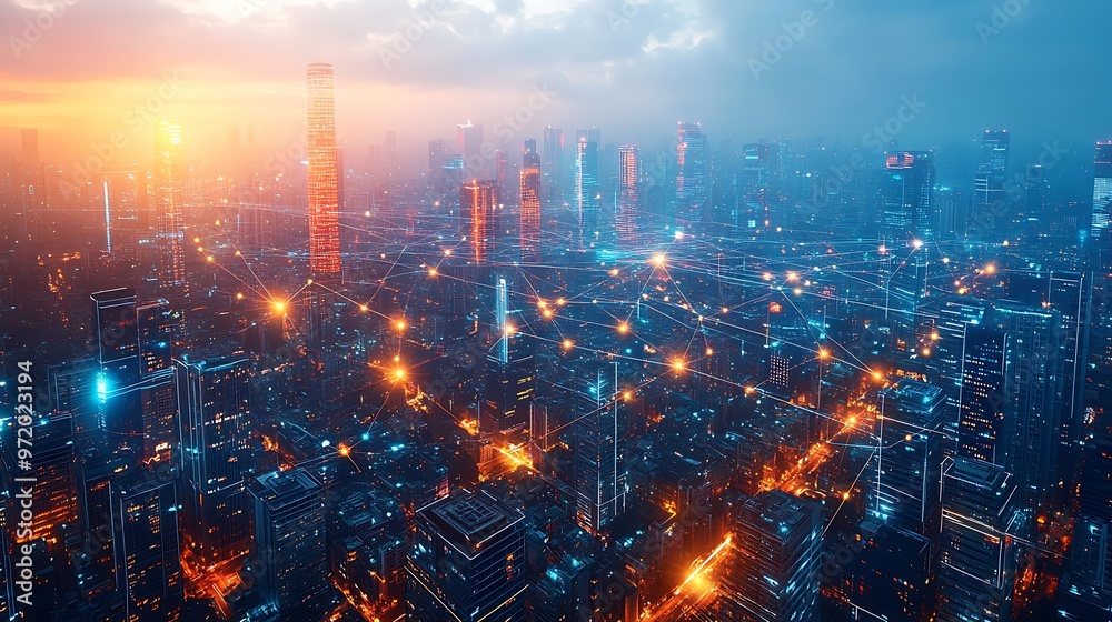 Fototapeta premium An aerial view of a futuristic city, with illuminated data lines connecting every building and road, forming a glowing digital web. The cityscape is alive with energy,