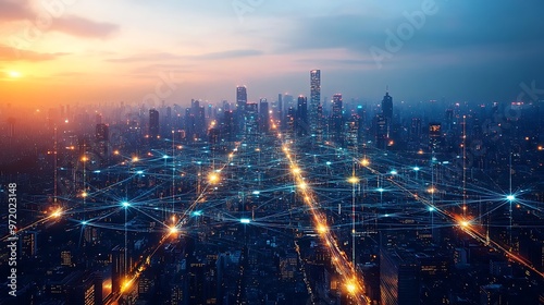 An aerial view of a futuristic city, with illuminated data lines connecting every building and road, forming a glowing digital web. The cityscape is alive with energy,