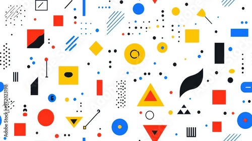 Explore vibrant geometric shapes in this minimal art piece showcasing colorful patterns and a playful gouache effect.