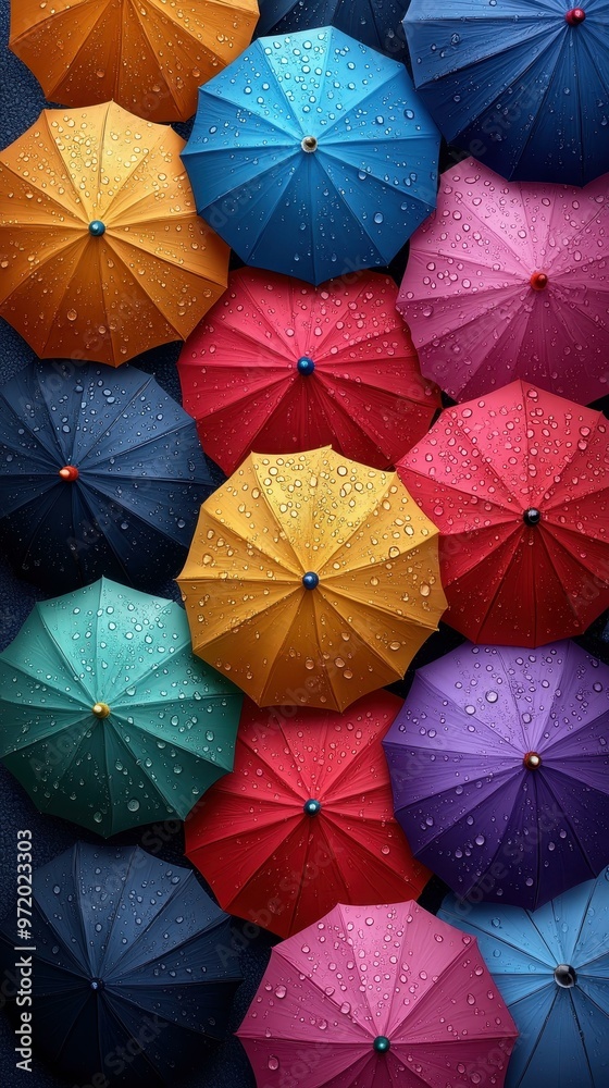 Bright and vibrant umbrellas in a spectrum of rainbow hues, adorned with water droplets. Perfect for a cheerful wallpaper design. Bright and vibrant umbrellas in a spectrum of rainbow hues, adorned with water droplets. Perfect for a cheerful wallpaper design.