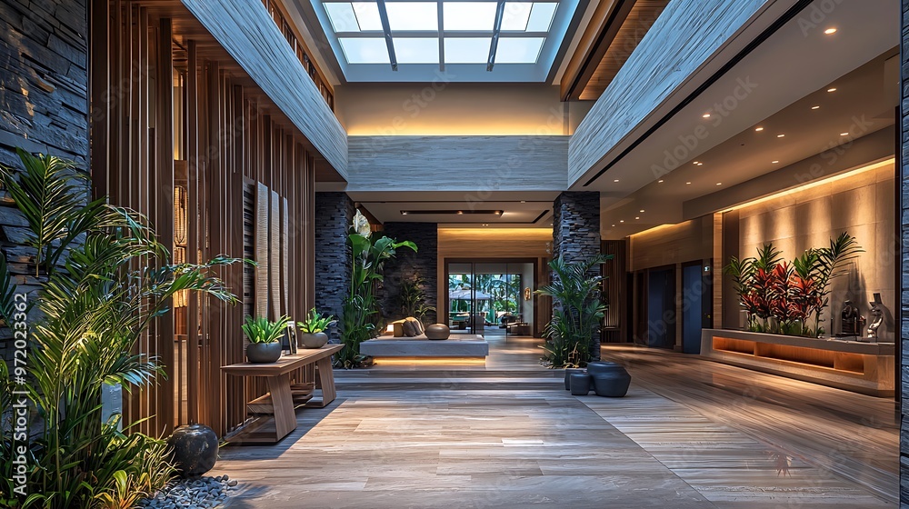 Resort foyer with natural materials and a skylight emphasizing modern design. Resort foyer with natural materials and a skylight emphasizing modern design.
