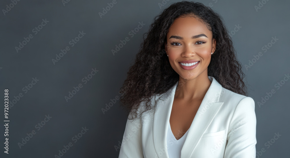 A confident African American businesswoman in a white suit smiles warmly with arms crossed, standing against a neutral background, perfect for corporate or business settings. A confident African American businesswoman in a white suit smiles warmly with arms crossed, standing against a neutral background, perfect for corporate or business settings.